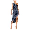 Satin Bridesmaid Dresses for Women One Shoulder Prom Dress Pleated Midi Formal Cocktail Gown Wedding Guest Dress with Slit