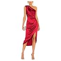 Satin Bridesmaid Dresses for Women One Shoulder Prom Dress Pleated Midi Formal Cocktail Gown Wedding Guest Dress with Slit