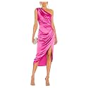 Satin Bridesmaid Dresses for Women One Shoulder Prom Dress Pleated Midi Formal Cocktail Gown Wedding Guest Dress with Slit