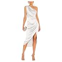 Satin Bridesmaid Dresses for Women One Shoulder Prom Dress Pleated Midi Formal Cocktail Gown Wedding Guest Dress with Slit