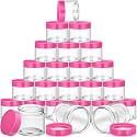 SATINIOR 24 Pieces Clear Plastic Jars with Lids, Pink Lid, 2 oz