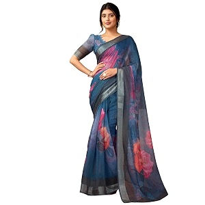 Satrani Womens Linen Printed Zari Border