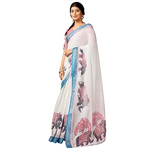 Satrani Womens Linen Printed Zari Border
