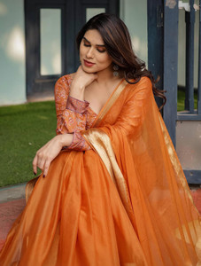 satrani woven embellished mangalagiri chiffon saree orange