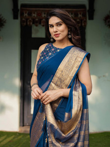 satrani woven embellished mangalagiri chiffon saree blue