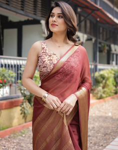 satrani woven embellished mangalagiri chiffon saree brown