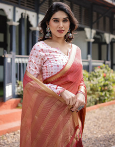 satrani woven embellished mangalagiri chiffon saree orange