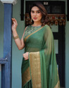 Satrani Woven, Embellished Mangalagiri Chiffon Saree (Green)