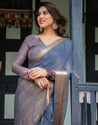 Satrani Woven, Embellished Mangalagiri Chiffon Saree (Blue)