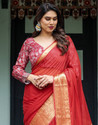 Satrani Woven, Embellished Mangalagiri Chiffon Saree (Pink)