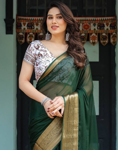 satrani woven mangalagiri chiffon saree green
