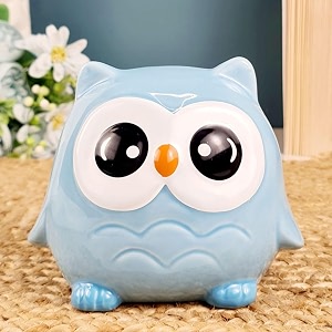 satyam kraft 1 piece polyresin piggy bank kids coin box gullak coin holder showpiece for rupees saving coin storage box for girl boy adults-money kilona atm for gifting birthday owl blue