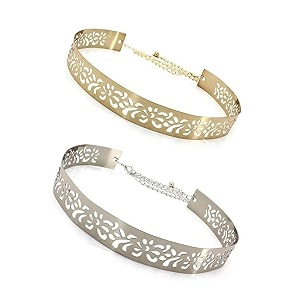 satyam kraft women39s cotton waist belt pack of 2 pcs stretchable belt_golden silver