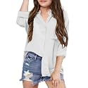 Girls Button Down Shirts Long Roll Up Cuffed Sleeve Collared Blouses Casual Cotton Tops with Pockets White