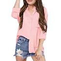 Girls Button Down Shirts Long Roll Up Cuffed Sleeve Collared Blouses Casual Cotton Tops with Pockets