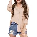 Girls Button Down Shirts Long Roll Up Cuffed Sleeve Collared Blouses Casual Cotton Tops with Pockets Beige