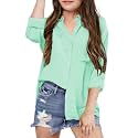 Girls Button Down Shirts Long Roll Up Cuffed Sleeve Collared Blouses Casual Cotton Tops with Pockets