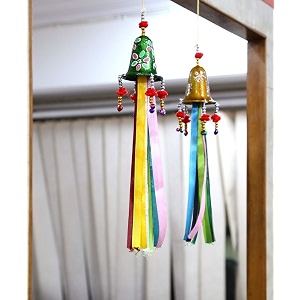saudeep india trading corporation presents decorative bell hanging with multicolored ribbons used in various occasions like christmas diwali new year birthdays etc