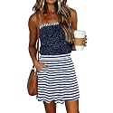SAUKOLE Summer Dresses for Women Bandeau Strapless Smocked Elastic Waist Sundress Tube Mini Dress with Pockets