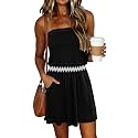 SAUKOLE Summer Dresses for Women Bandeau Strapless Smocked Elastic Waist Sundress Tube Mini Dress with Pockets