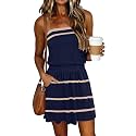SAUKOLE Summer Dresses for Women Bandeau Strapless Smocked Elastic Waist Sundress Tube Mini Dress with Pockets