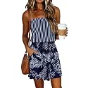 SAUKOLE Summer Dresses for Women Bandeau Strapless Smocked Elastic Waist Sundress Tube Mini Dress with Pockets