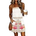 SAUKOLE Summer Dresses for Women Bandeau Strapless Smocked Elastic Waist Sundress Tube Mini Dress with Pockets