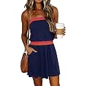 SAUKOLE Summer Dresses for Women Bandeau Strapless Smocked Elastic Waist Sundress Tube Mini Dress with Pockets