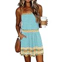 SAUKOLE Summer Dresses for Women Bandeau Strapless Smocked Elastic Waist Sundress Tube Mini Dress with Pockets