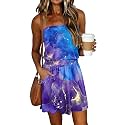 SAUKOLE Summer Dresses for Women Bandeau Strapless Smocked Elastic Waist Sundress Tube Mini Dress with Pockets