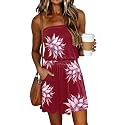 SAUKOLE Summer Dresses for Women Bandeau Strapless Smocked Elastic Waist Sundress Tube Mini Dress with Pockets