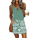 SAUKOLE Womens Summer Causal Loose Sleeveless Crew Neck Drawstring Waist Mini Short Dress with Pockets