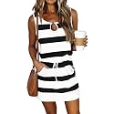 SAUKOLE Womens Summer Causal Loose Sleeveless Crew Neck Drawstring Waist Mini Short Dress with Pockets