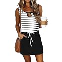 SAUKOLE Womens Summer Causal Loose Sleeveless Crew Neck Drawstring Waist Mini Short Dress with Pockets