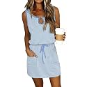 SAUKOLE Womens Summer Causal Loose Sleeveless Crew Neck Drawstring Waist Mini Short Dress with Pockets