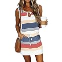 SAUKOLE Womens Summer Causal Loose Sleeveless Crew Neck Drawstring Waist Mini Short Dress with Pockets