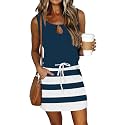 SAUKOLE Womens Summer Causal Loose Sleeveless Crew Neck Drawstring Waist Mini Short Dress with Pockets