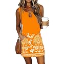 SAUKOLE Womens Summer Causal Loose Sleeveless Crew Neck Drawstring Waist Mini Short Dress with Pockets