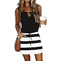 SAUKOLE Womens Summer Causal Loose Sleeveless Crew Neck Drawstring Waist Mini Short Dress with Pockets