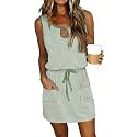 SAUKOLE Womens Summer Causal Loose Sleeveless Crew Neck Drawstring Waist Mini Short Dress with Pockets