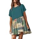 SAUKOLE Womens Summer Crew Neck Short Sleeve Dress Patchwork Pleated A Line Beach Mini Dress