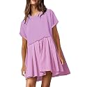 SAUKOLE Womens Summer Crew Neck Short Sleeve Dress Patchwork Pleated A Line Beach Mini Dress