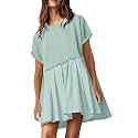 SAUKOLE Womens Summer Crew Neck Short Sleeve Dress Patchwork Pleated A Line Beach Mini Dress