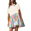 SAUKOLE Womens Summer Crew Neck Short Sleeve Dress Patchwork Pleated A Line Beach Mini Dress