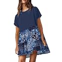 SAUKOLE Womens Summer Crew Neck Short Sleeve Dress Patchwork Pleated A Line Beach Mini Dress
