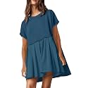 SAUKOLE Womens Summer Crew Neck Short Sleeve Dress Patchwork Pleated A Line Beach Mini Dress