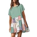SAUKOLE Womens Summer Crew Neck Short Sleeve Dress Patchwork Pleated A Line Beach Mini Dress