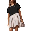 SAUKOLE Womens Summer Crew Neck Short Sleeve Dress Patchwork Pleated A Line Beach Mini Dress