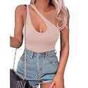 SAUNGKUAI Women's Sexy One Shoulder Sleeveless Cutout Thong Bodysuit Tank Top Body Suits Backless Asymmetrical Going Out Tops
