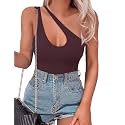 SAUNGKUAI Women's Sexy One Shoulder Sleeveless Cutout Thong Bodysuit Tank Top Body Suits Backless Asymmetrical Going Out Tops